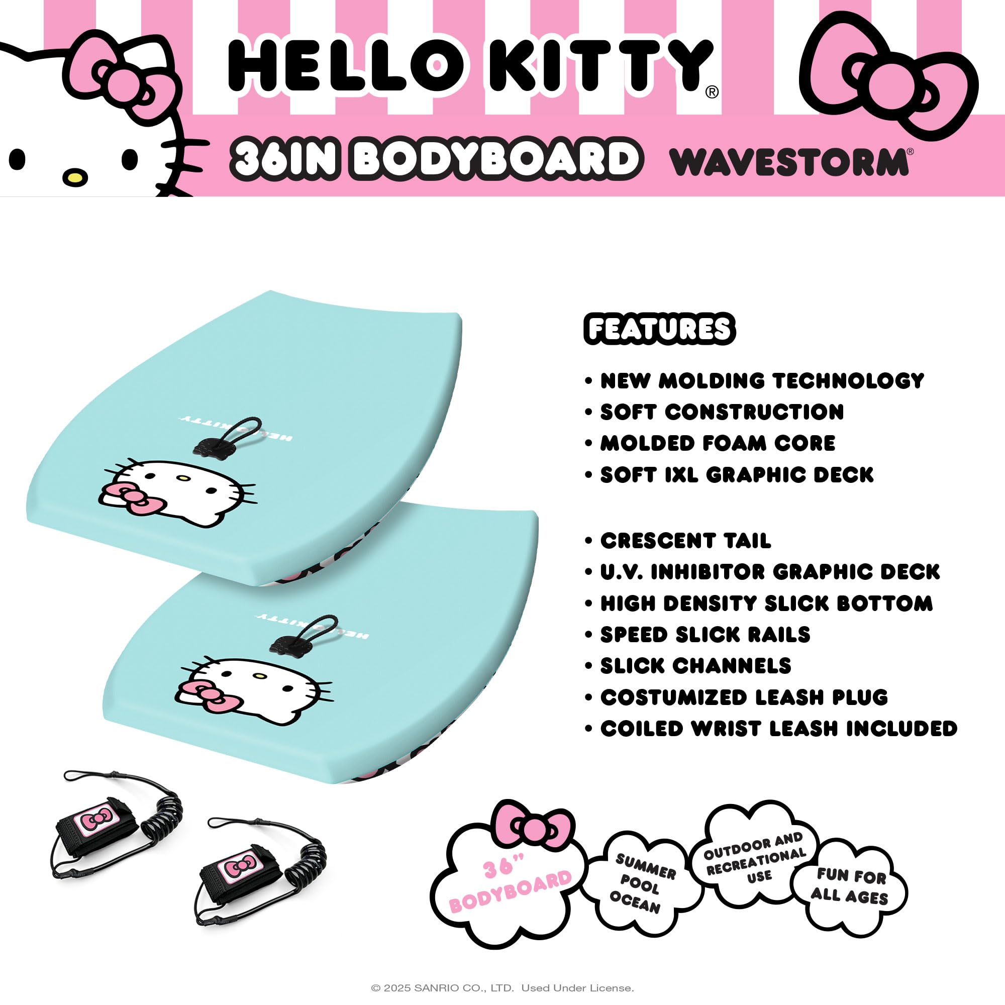 Wavestorm Hello Kitty Bodyboard, 91,4 cm, grafisches Oberdeck mit hochdichter glatter Unterseite, Schaumstoff-Konstruktion mit Zubehör, inklusive verbesserter Spiral-Leine, 2 Stück