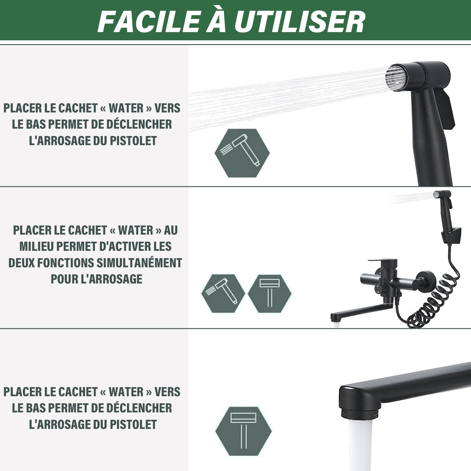 Mitigeur Robinet Cuisine Noir avec Pistolet Douchette Bec 23 cm Pivotant à 360° Robinet Mélangeur Mural pour Évier Acier Inoxydable