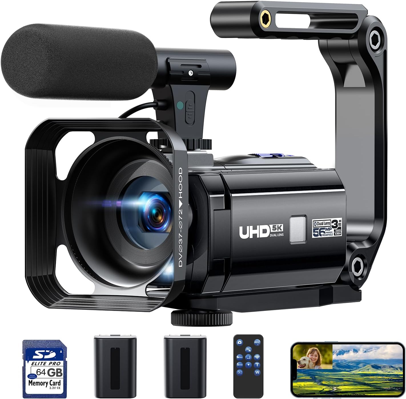 Front view of the CAMWORLD AC09A 5K camcorder with attached microphone and handheld stabilizer.
