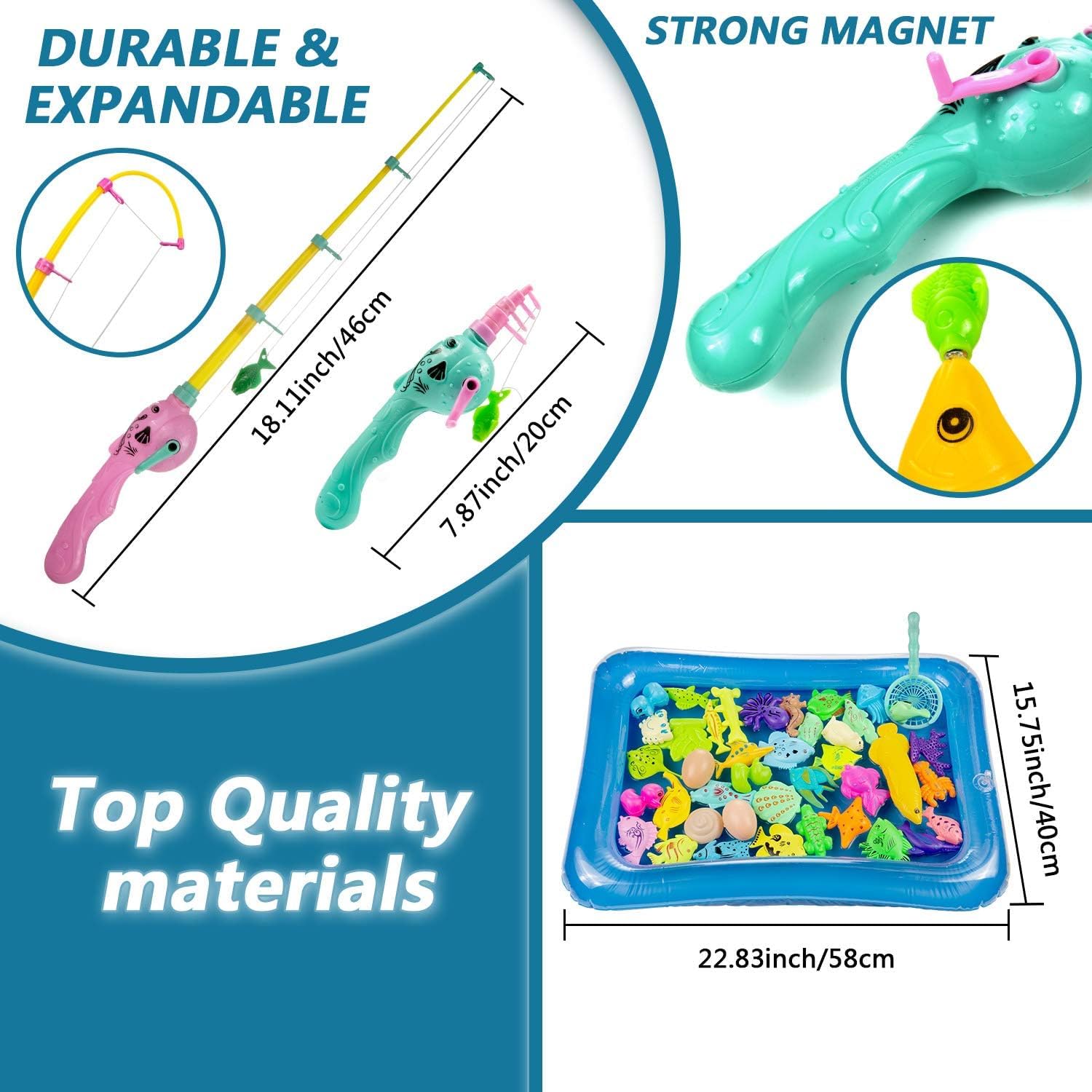 Giocattolo Pesca Magnetico 45 pezzi Fishing Game Magnetico Giocattolo da Bagno Canne da Pesca Giocattolo con Piscina Gonfiabile Giocattolo Divertente all'Aperto Regali Ottimi per Bambini