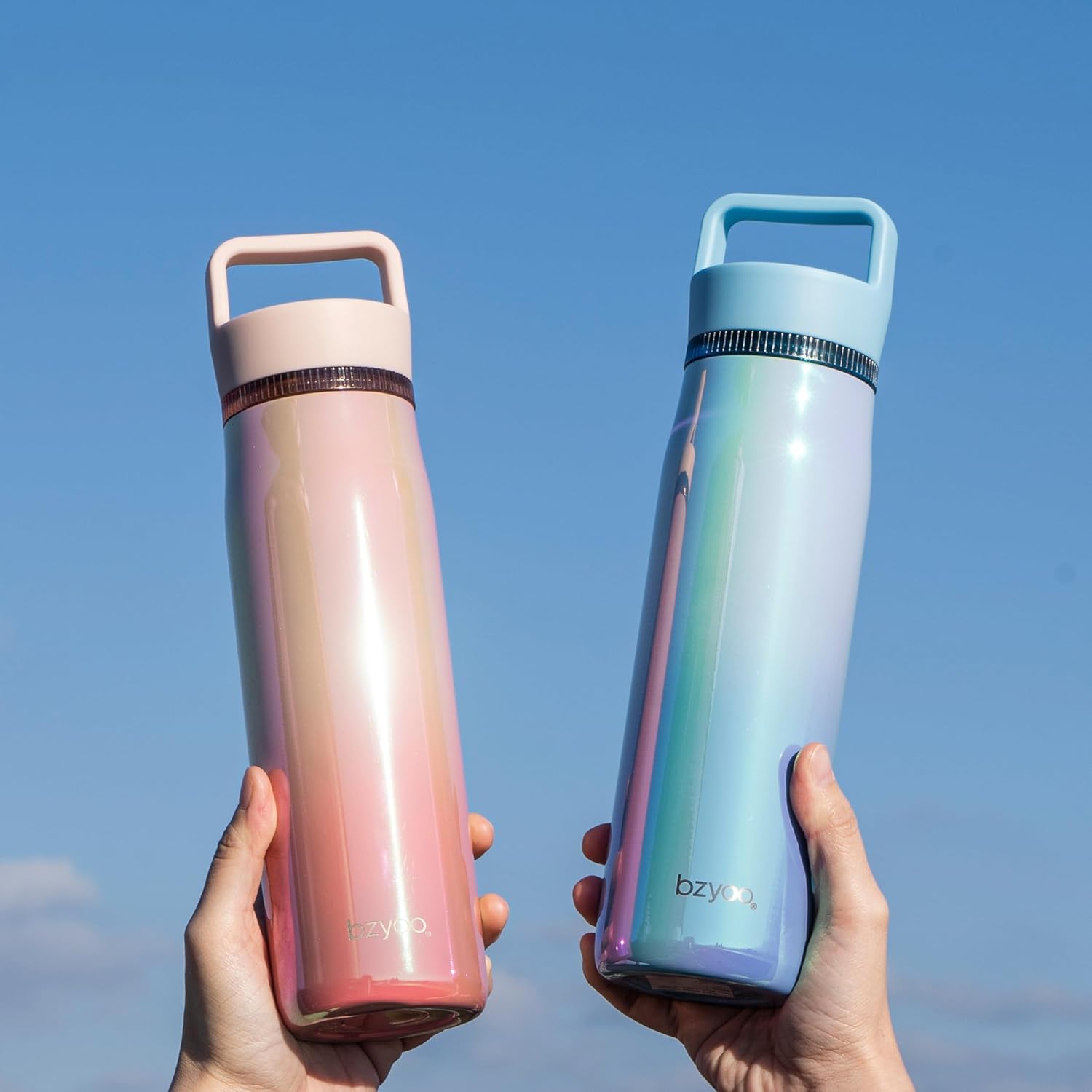 bzyoo 24oz Insulated Water Bottle with Clear Chug Lid - 100% Leakproof Stainless Steel Bottle, Aurora Iridescent Blue, BPA-Free Double Wall Vacuum Flask for Hot & Cold Drinks, Fits Car Cup Holders - Image 9