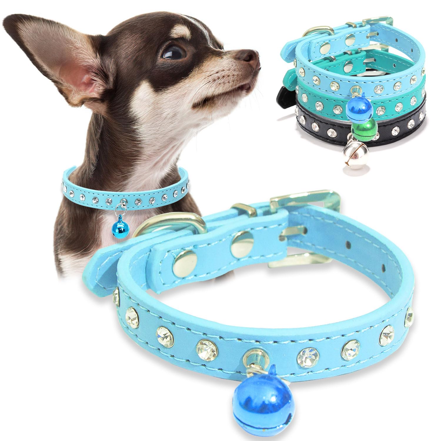 Hundehalsband fr kleine Hunde mit Glckchen, Strasssteine, Chihuahua- Halsband, Welpenhalsband, niedlich, glitzernde Diamanten, Haustier- Halsbnder (Blau, Grn, Schwarz, XS (Halsumfang: 17,822,9 cm : Amazon.de:  Haustier