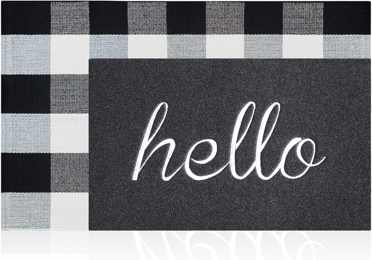 LAN SHAN QUE Hello Welcome Mat with Non Slip Rubber Backing+Buffalo Plaid Rug 24”x36” for Layered,Decorative Outdoor Indoor Combo Set Doormat,High Traffic Areas Front Door Rug
