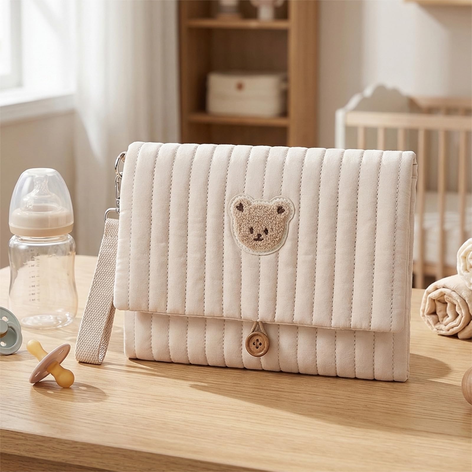 Simpatico Borsa per pannolini con orsetto ricamato, tasche multiple, organizer per passeggino