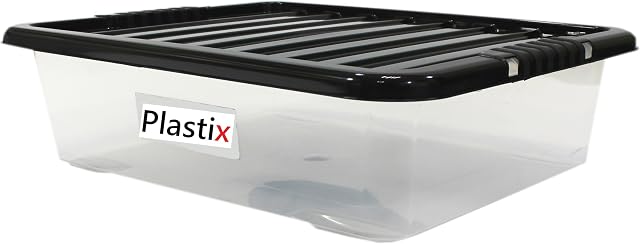 Set of 3 Clear Plastic Storage Box Boxes With Black Lids Home Office Stackable UK Made - 28L 28 LITRE UNDERBED