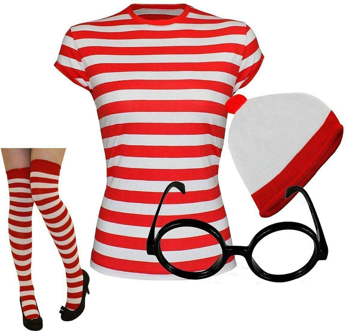 FAIRY BOUTIQUE Adults & Kids Red and White T Shirt Hat Glasses Socks Set - Costume Set for Fancy Dress, Book Week, Theme Parties