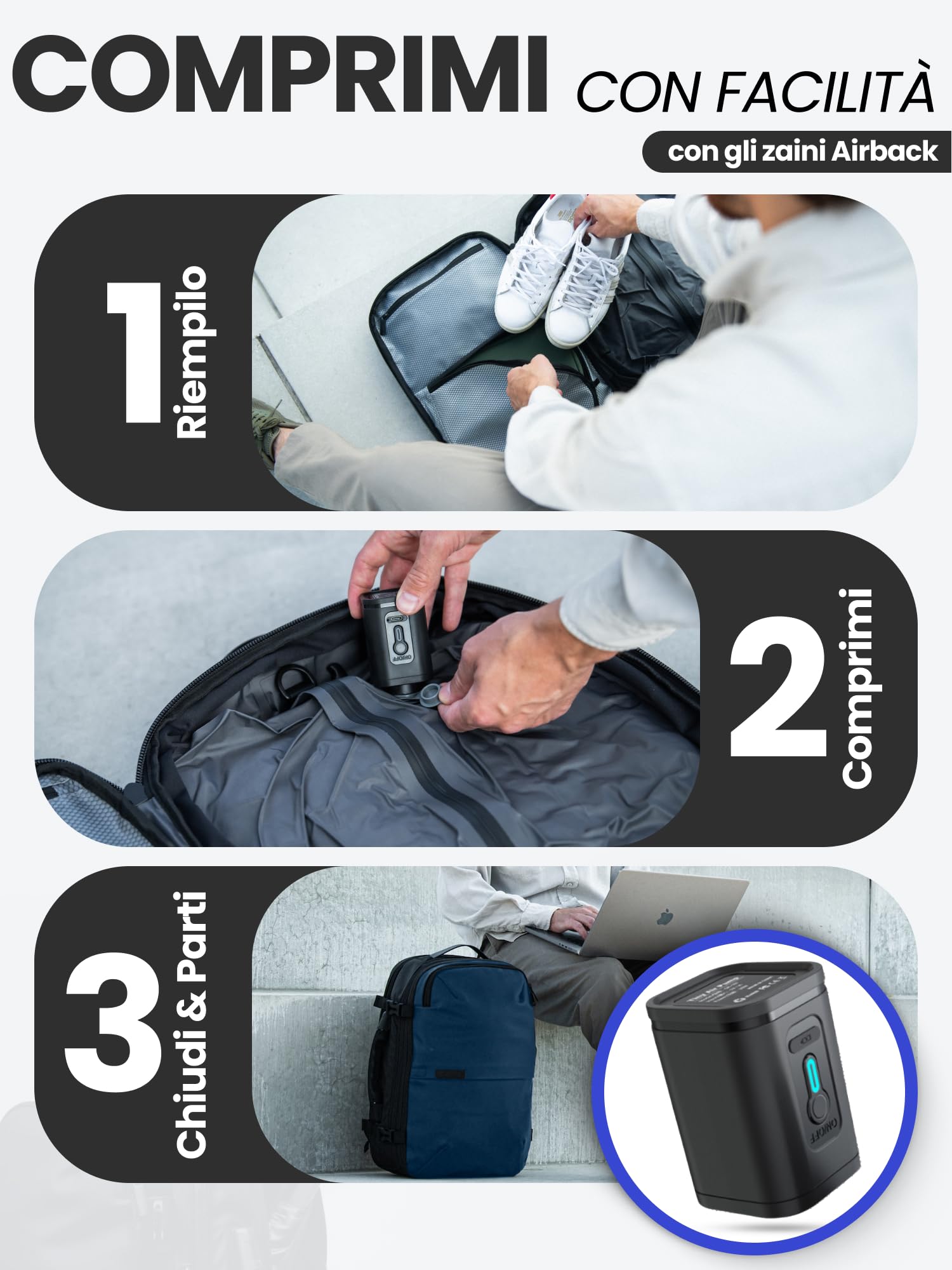 Pompa ad aria compatta Airback – Pompa elettrica portatile per vuoto, ricaricabile, potente aspirazione, accessorio da viaggio leggero per bagagli Airback