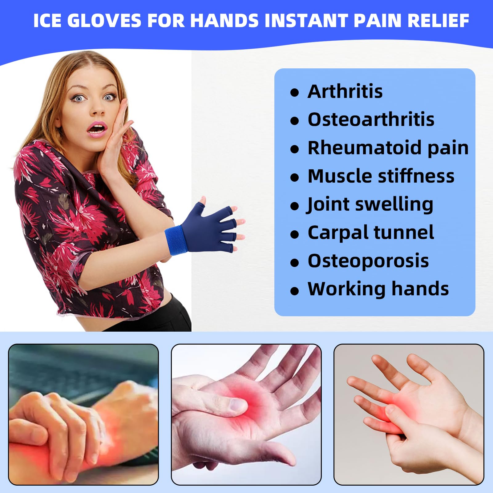 2 guantes de compresión para artritis de dedos para aliviar el dolor, terapias ajustables para frío y calor, bolsa de hielo de muñeca, guantes de hielo de gel azul reutilizables, manga de bolsa de