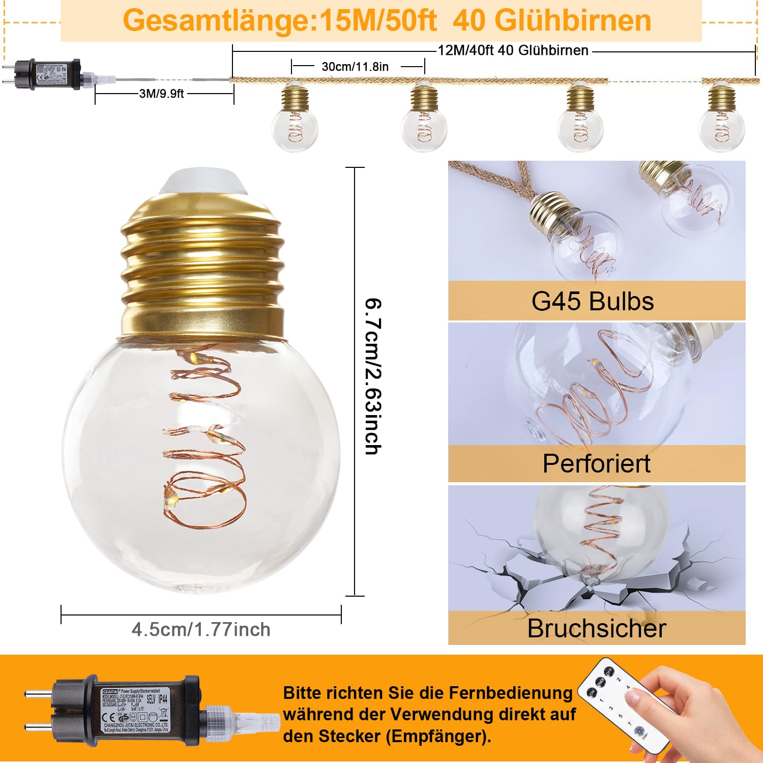StarryEver LED Lichterkette Außen, Vintage 12M Warmweiß Lichterkette Strombetrieben Aussen, Bruchsicher G45 40 LED Outdoor Lichterkette mit Stecker,Lichterketten Glühbirnen Beleuchtung für Zelt Café