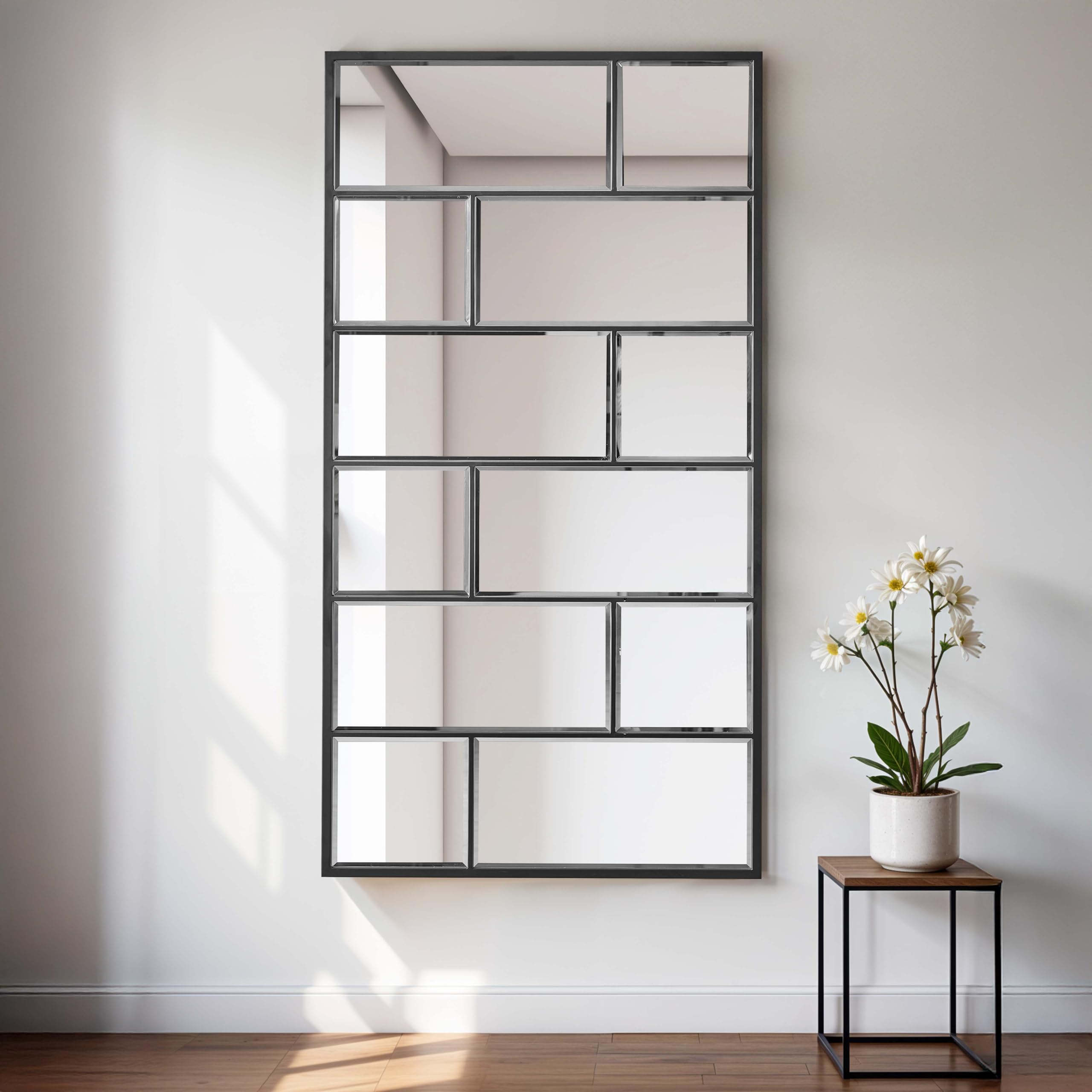 Mirrace 70×35" Window Pane Full Length Wall Mirror - Large Farmhouse Windowpane Mirror Wall Mounted or Leaning - Rectangular Window Decorative Mirrors - Big Floor Beveled Mirror Metal Framed (Black)