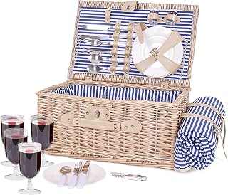 Wicker Picnic Basket for 4 Picnic Set with Large Insulated Cooler Compartment & Waterproof Blanket & Cutlery Service Kit Willow Picnic Hamper Set for Camping Outdoor Birthday Party