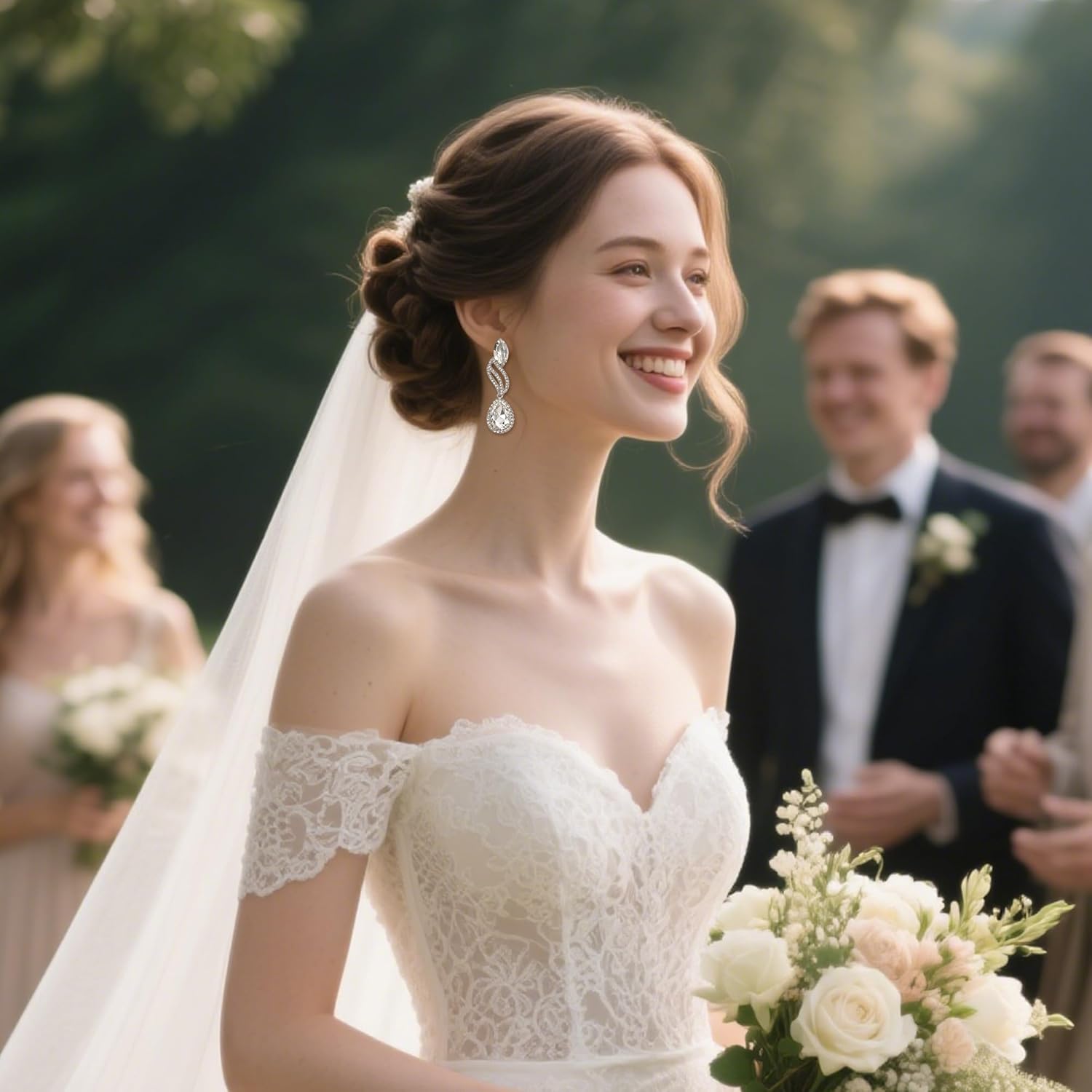 BriLove Women's Fashion Crystal Wedding Bridal Hollow Leaf Teardrop Dangle Earrings - Image 2