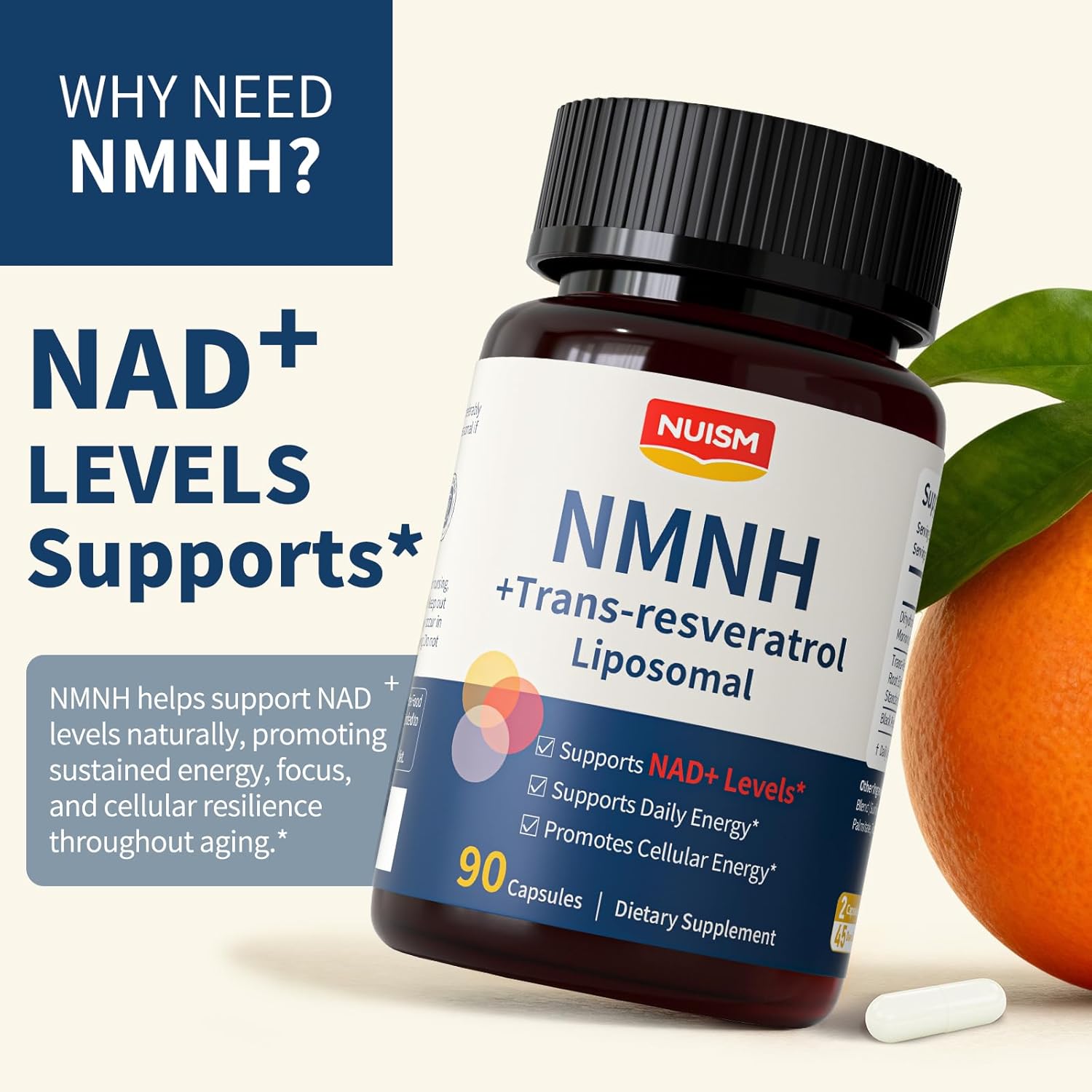 NMNH NAD+ Supplement, Liposomal 600mg NMN NAD+ and Resveratrol Complex for Cellular Energy, Healthy Aging & Metabolic Support, 90 Capsules