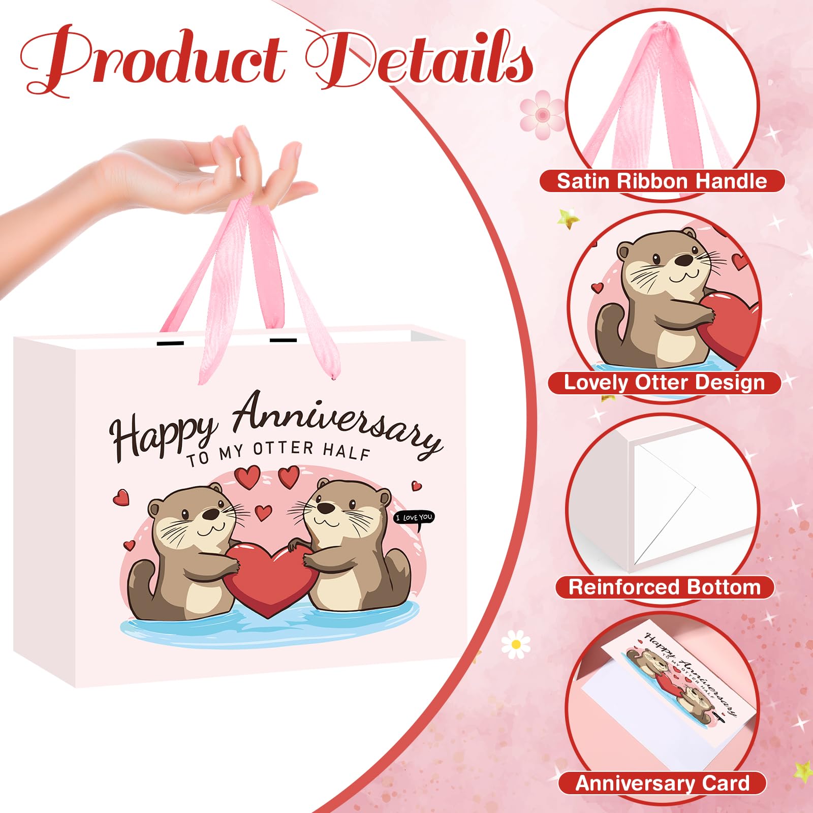 Anniversary Party Gift Bag Pink Wedding Gift Wrap Bag with Happy Anniversary Card and Wrapping Paper Cute Otter Couple Paper Bag for Him Her Women Men Valentine Anniversary Party Decorations Supplies