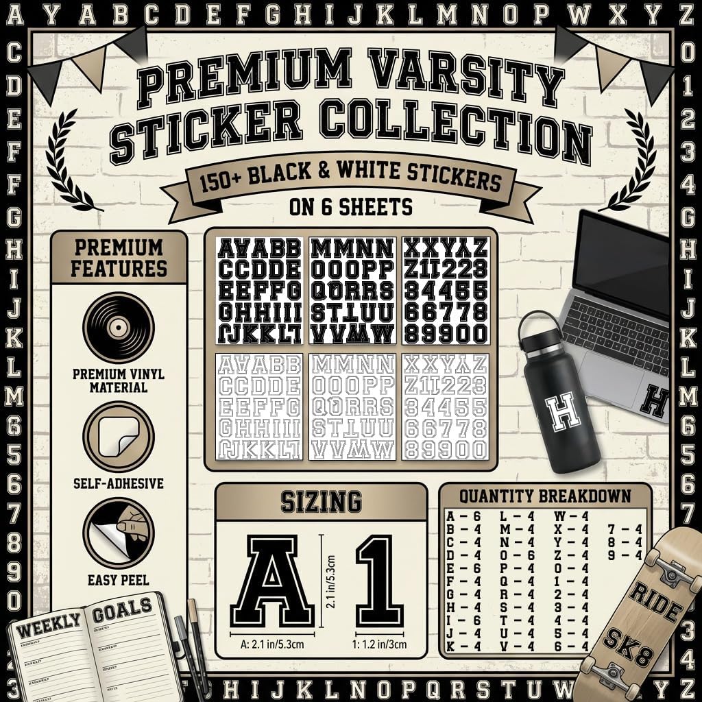 Varsity Letterman Alphabet Stickers – 150+ Black and White Collegiate Vinyl Letter Decals, 2.4 Inch Tall, for Posters, Arts, Crafts, Scrapbooking, and Personalization