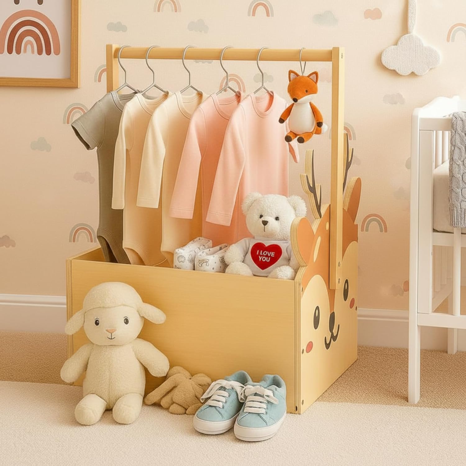 Juexica Wooden Baby Shower Crate Closet, Personalized Baby Gifts Basket, Easy Assembly Cute Deer Nursery Storage Basket for Newborn Boys Girls, New Parent