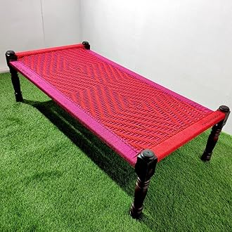 Solid Sheesham Wood Handmade Rajasthani Charpai | Cotton Rope Khatiya Charpai Single Bed Without Storage | Wooden Cot Bed | Khatiya-Khaat | 6X3 Feet | Color - Red Pink