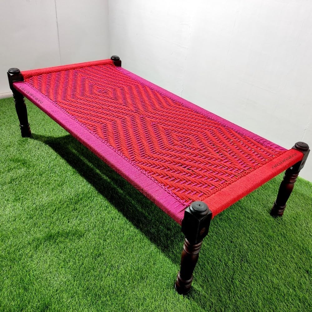 Solid Sheesham Wood Charpai Khat Bed | Wooden Khatiya Charpai Desi | Handcrafted Khatiya Bed with Cotton Rope | Strong Khat for Indoor & Outdoor Use | 6X3 Feet | Red Pink