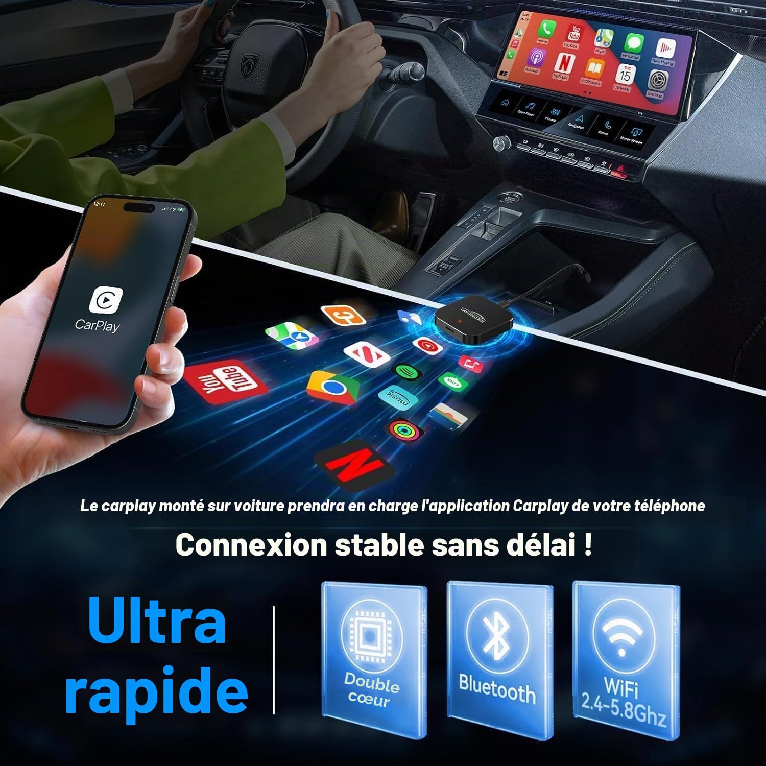2026 Wireless CarPlay & Android Auto Adapter Prend en Charge Netflix/Youtube/TF – Plug & Play, Magic Video Box Compatible avec CarPlay & Android Auto d’Usine (4GB RAM+16GB)