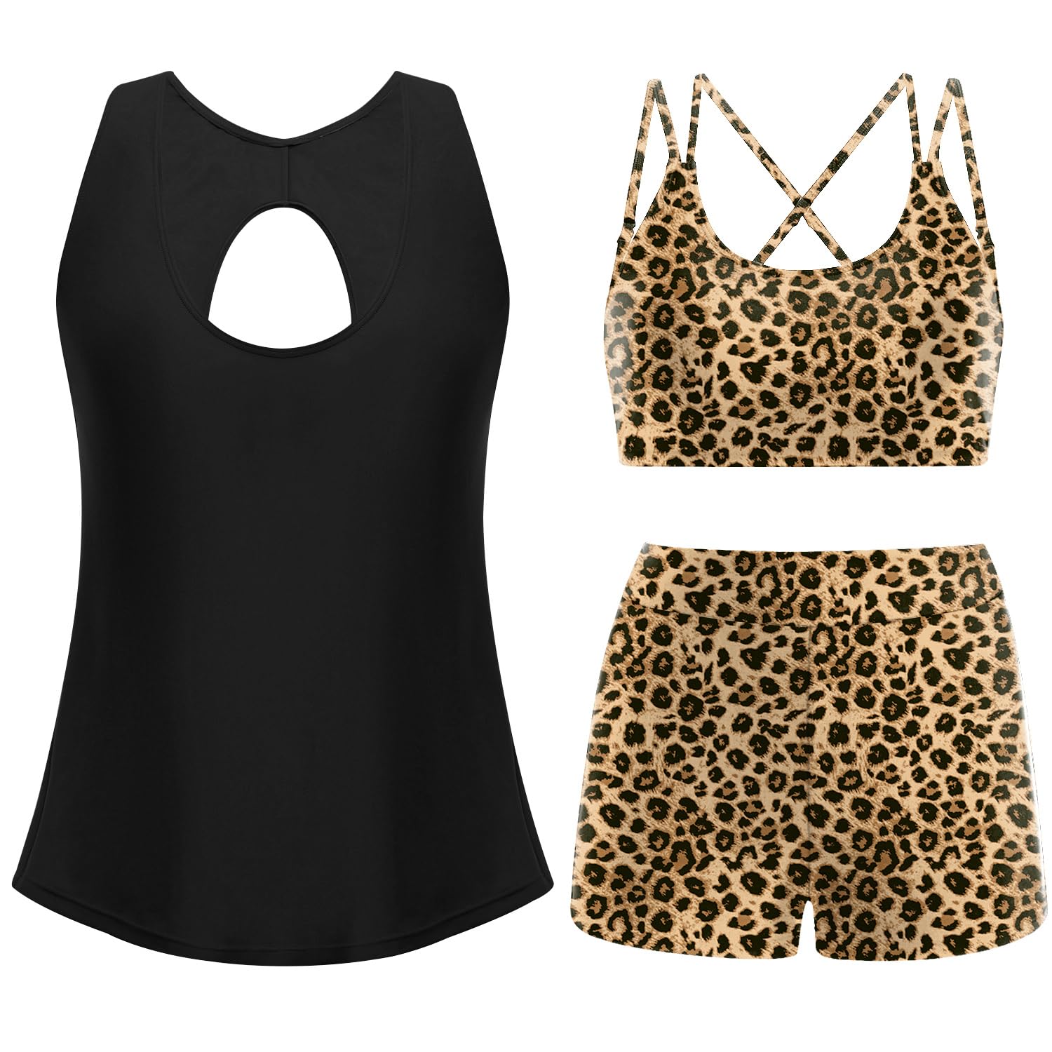 AI'MAGE Womens 3 Piece Tankini Swimsuits Tummy Control Bathing Suits Tank Top with Bra Boy Shorts Summer Swimwear S-XXL