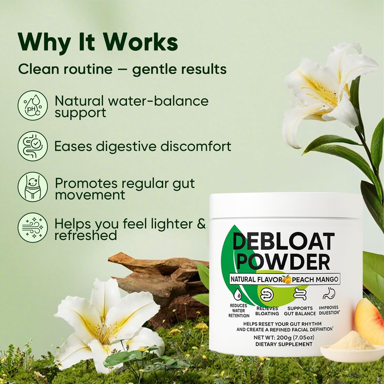 Debloat Powder Novairhealth, Daily Digestion & Debloating Support, Gut Balance & Water Retention Relief for Men & Women, Peach Mango Flavor, 200g / 7.05oz - Image 3
