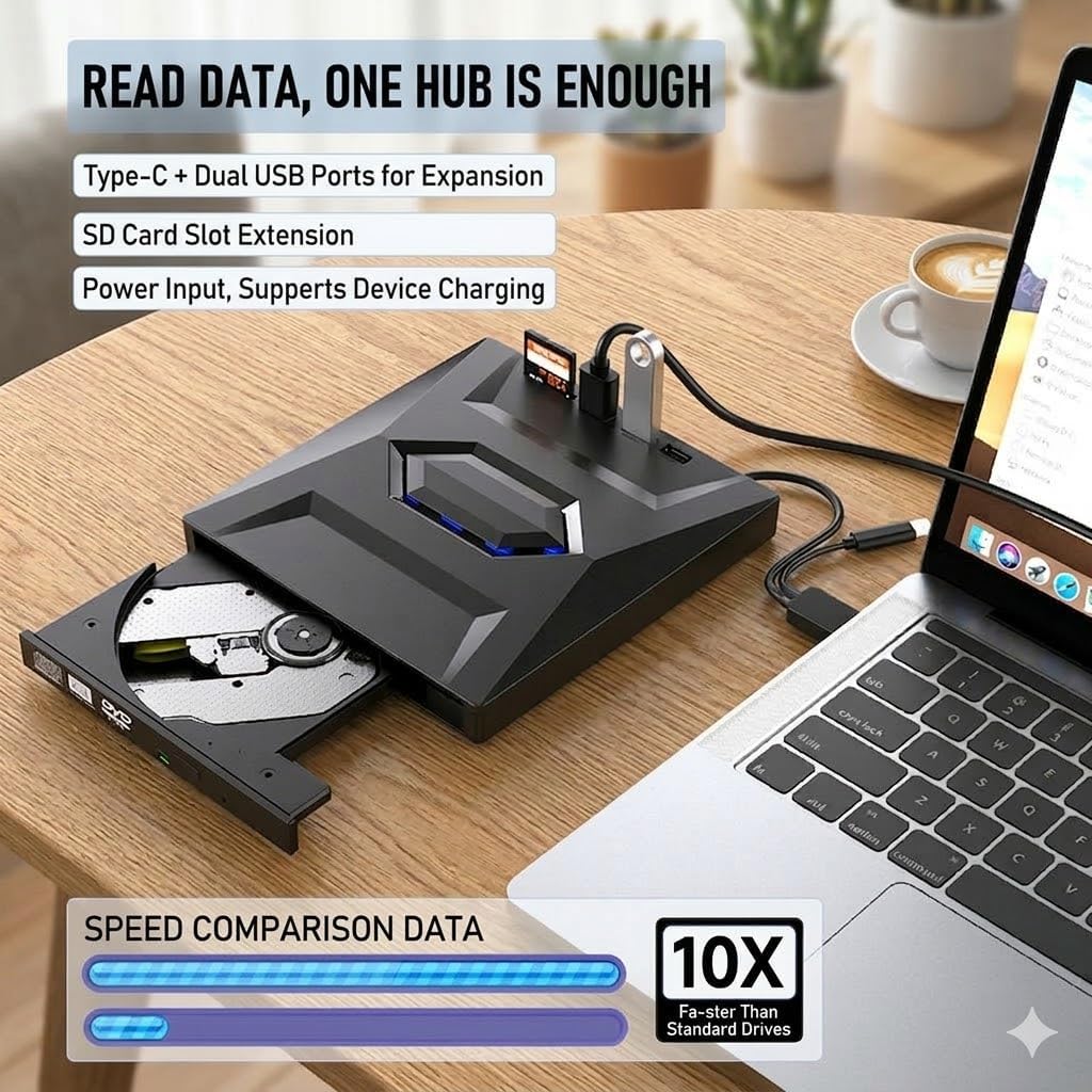 External Blu-ray Drive for Laptop Without Disc Drive, USB 3.0 Type-C Blu-ray Burner for Playing & Burning CDs/DVDs, 7-in-1 Optical Drive with SD/TF Reader & USB Hub for Windows Mac Linux