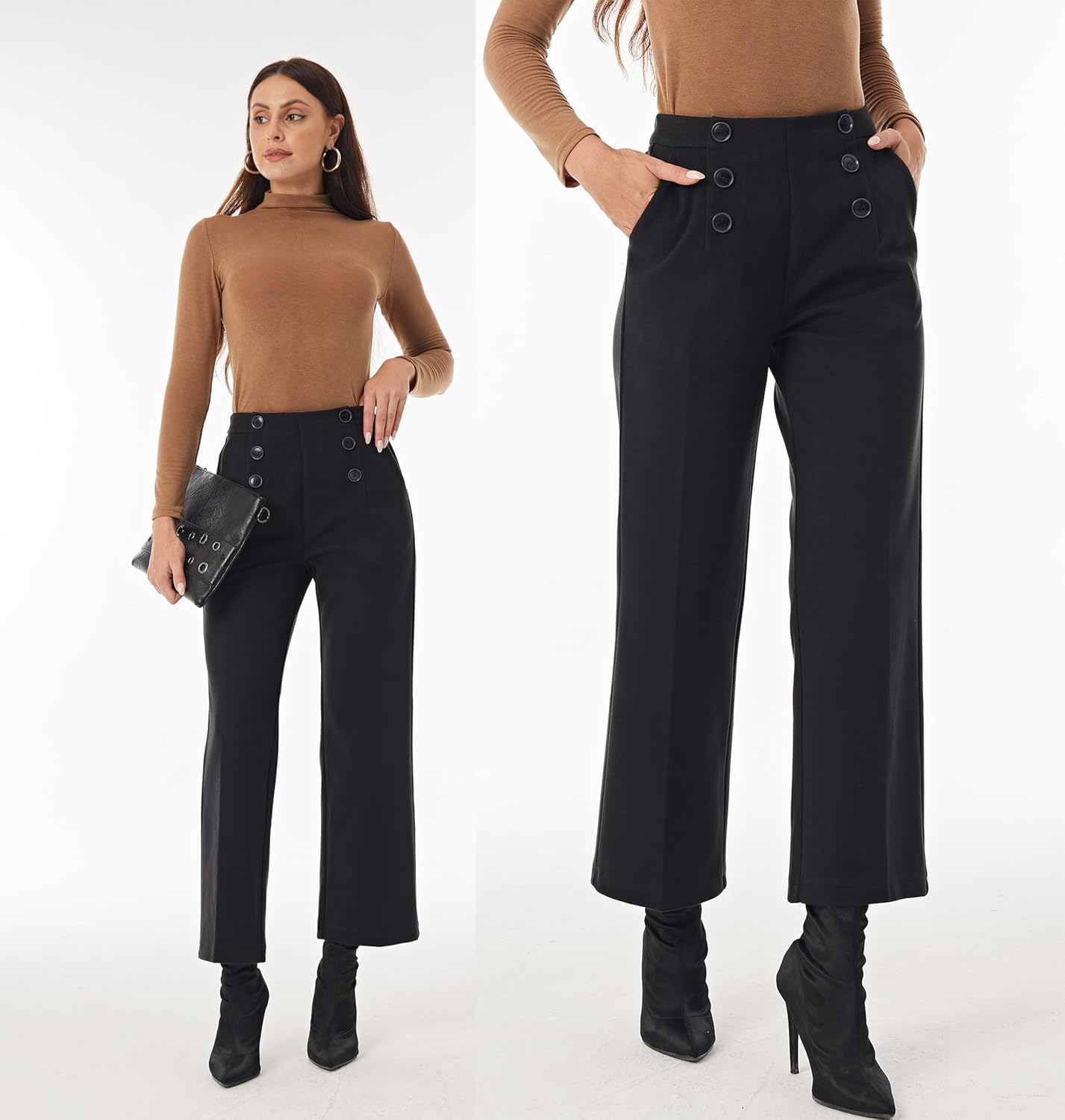 heipeiwa Women's Wool Blend Winter Fall Wide Leg Pull on High Waist Dress Business Casual Pants - Image 3