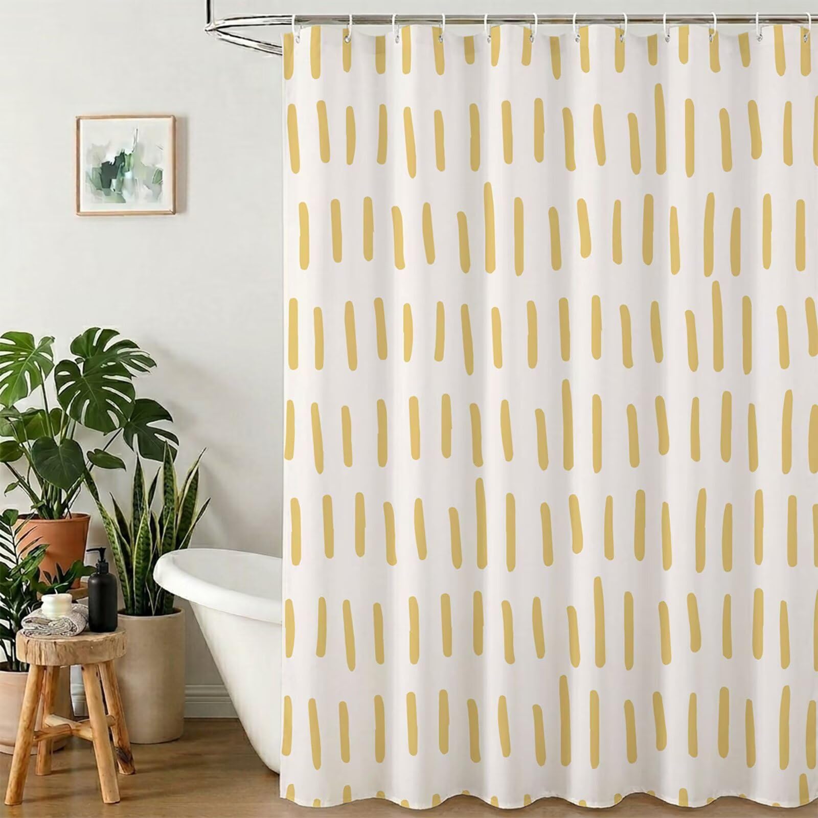 Rideau de douche jaune et blanc pour illuminer la baignoire familiale