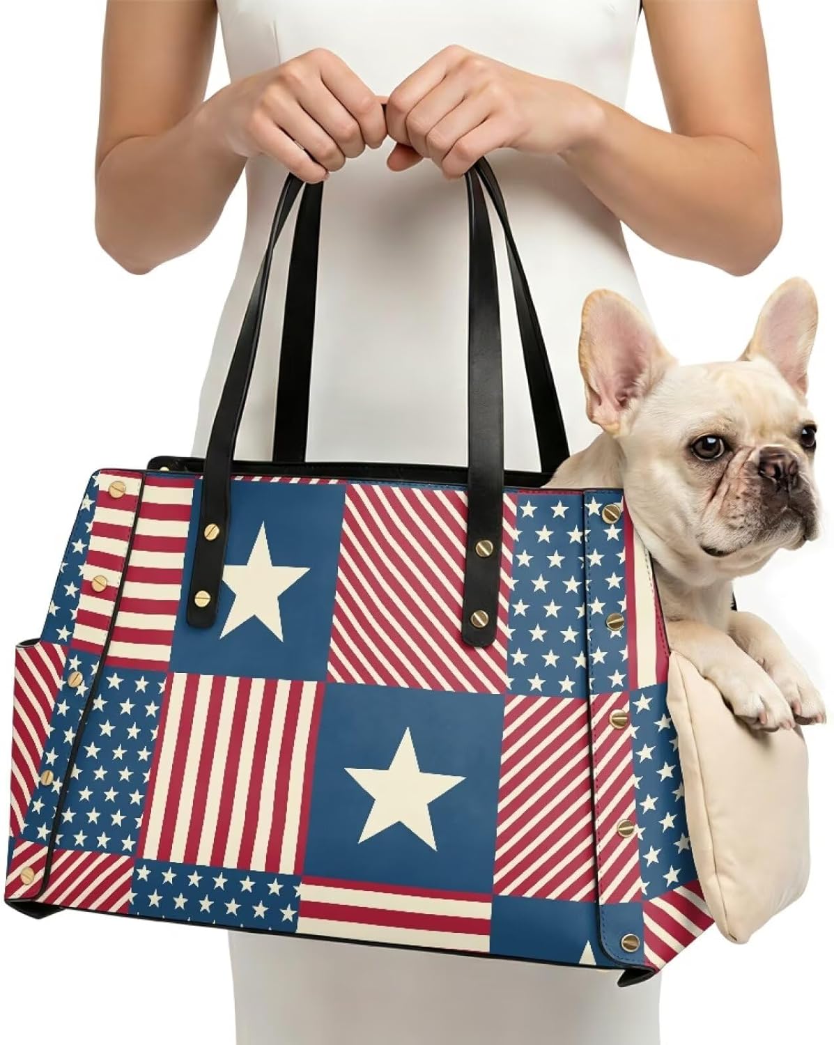 American Flag Dog Purse Carrier Soft Sided Lightweight Small Dog Carrier PU Leather Portable Pet Travel Carrier with Large Pockets Comfortable Dog Tote Bag