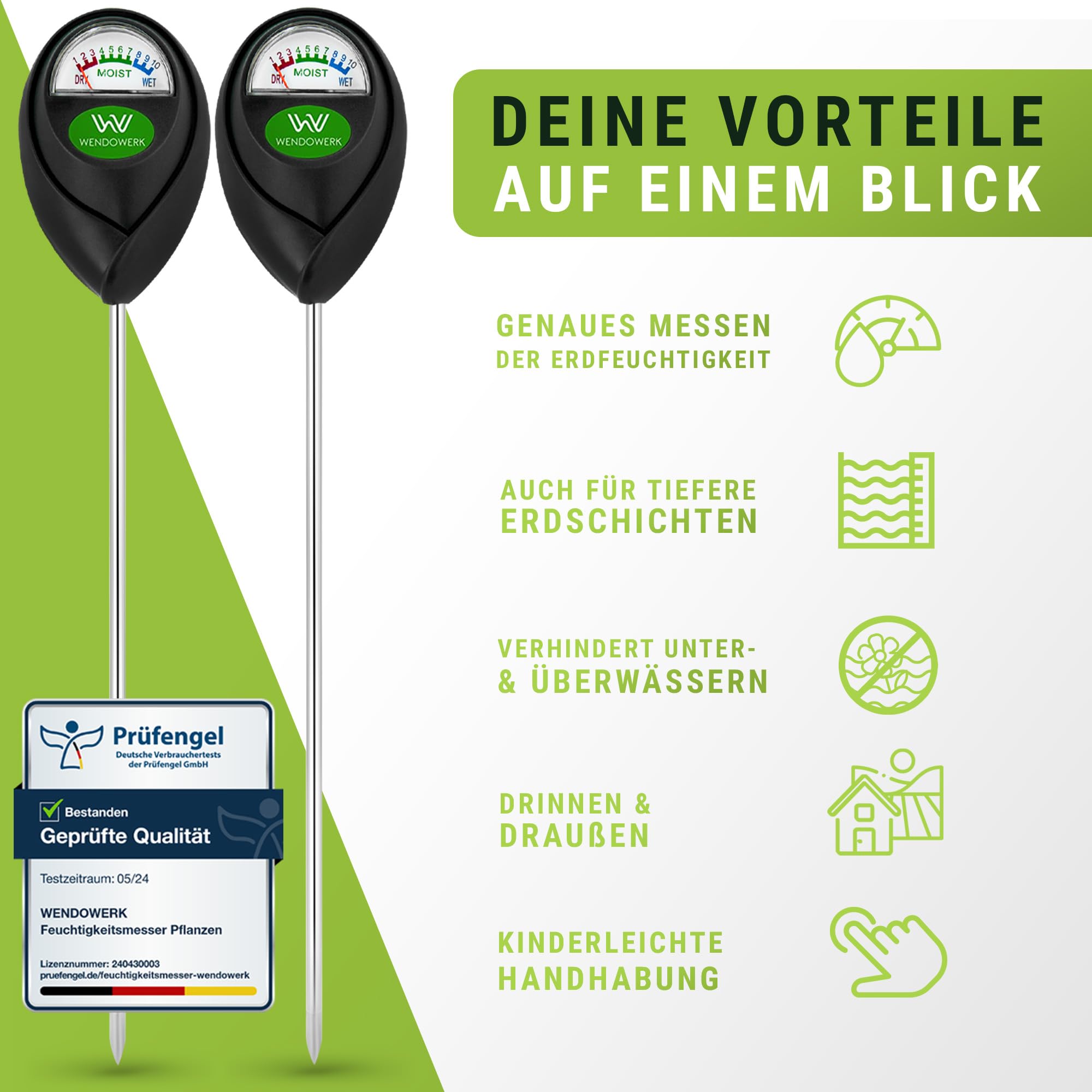 WENDOWERK Lot de 2 humidimètres extra longs pour plantes 40 cm [Noir/Noir] – Sans piles – Testeur d'humidité amélioré [2025] – Testeur de sol de qualité supérieure