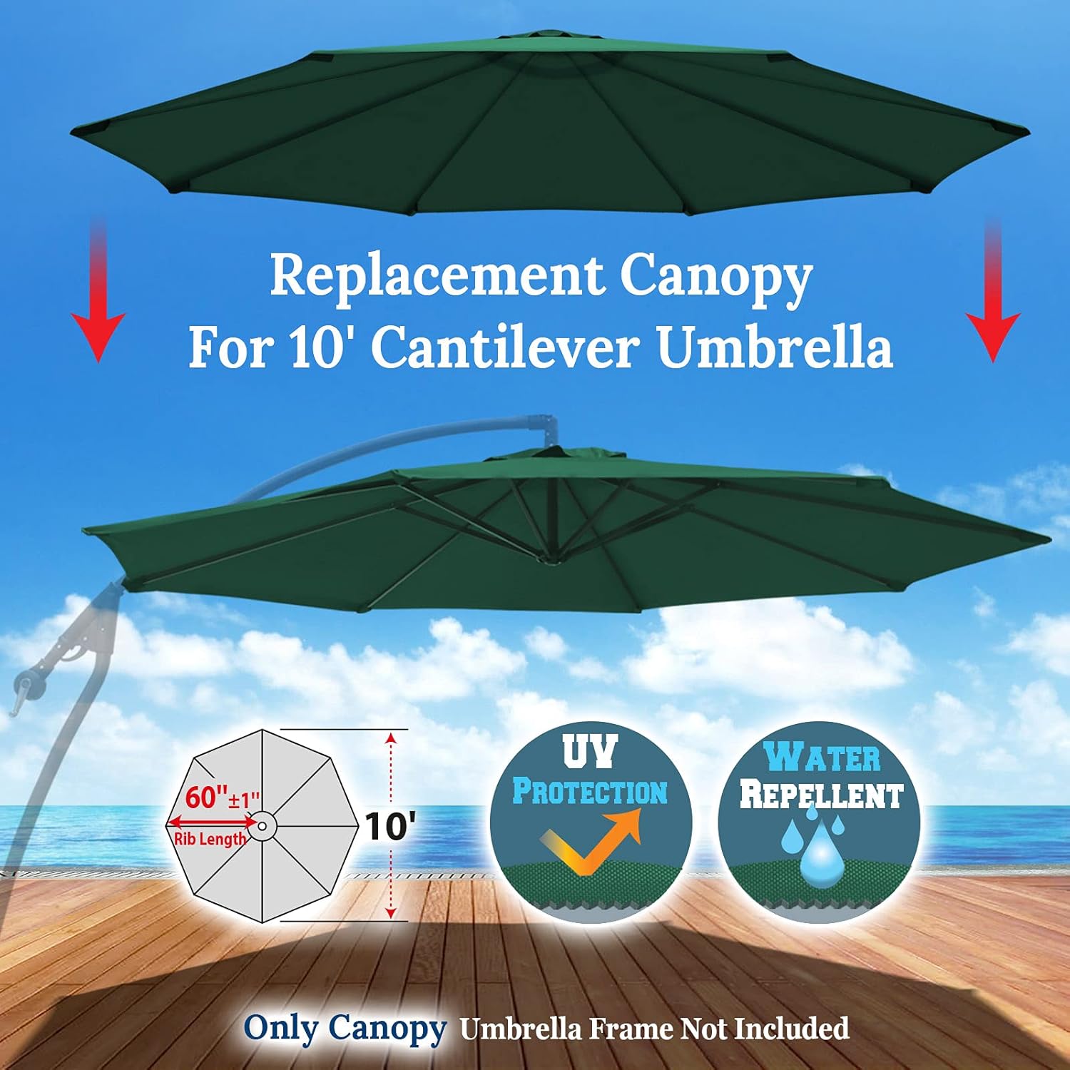 Benefit-USA Replacement Umbrella Canopy for 10ft 8 ribs cantilever hang patio umbrella (Canopy Only) (Green)