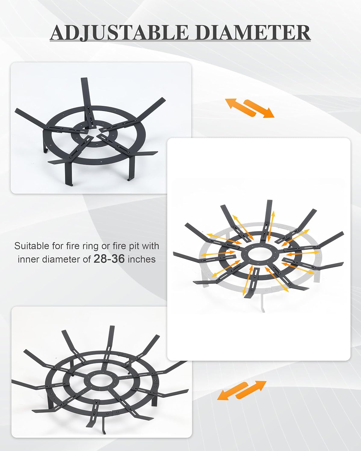 BPS Adjustable Round Fire Pit Grate, Heavy Duty 22 to 32 Inch Smoke Reduction High Airflow Campfire Grate for Outdoor Fire Rings, Patio, Wood Stove & Camping, Black