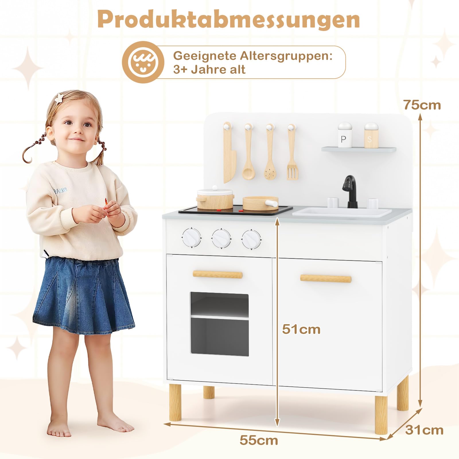 COSTWAY Kinderküche mit 10 Zubehör, Spielküche Holz mit Licht und Sound, Spielzeugküche mit Herd & Spüle & Backofen, Holzküche für Kinder ab 2 Jahren (Weiß)