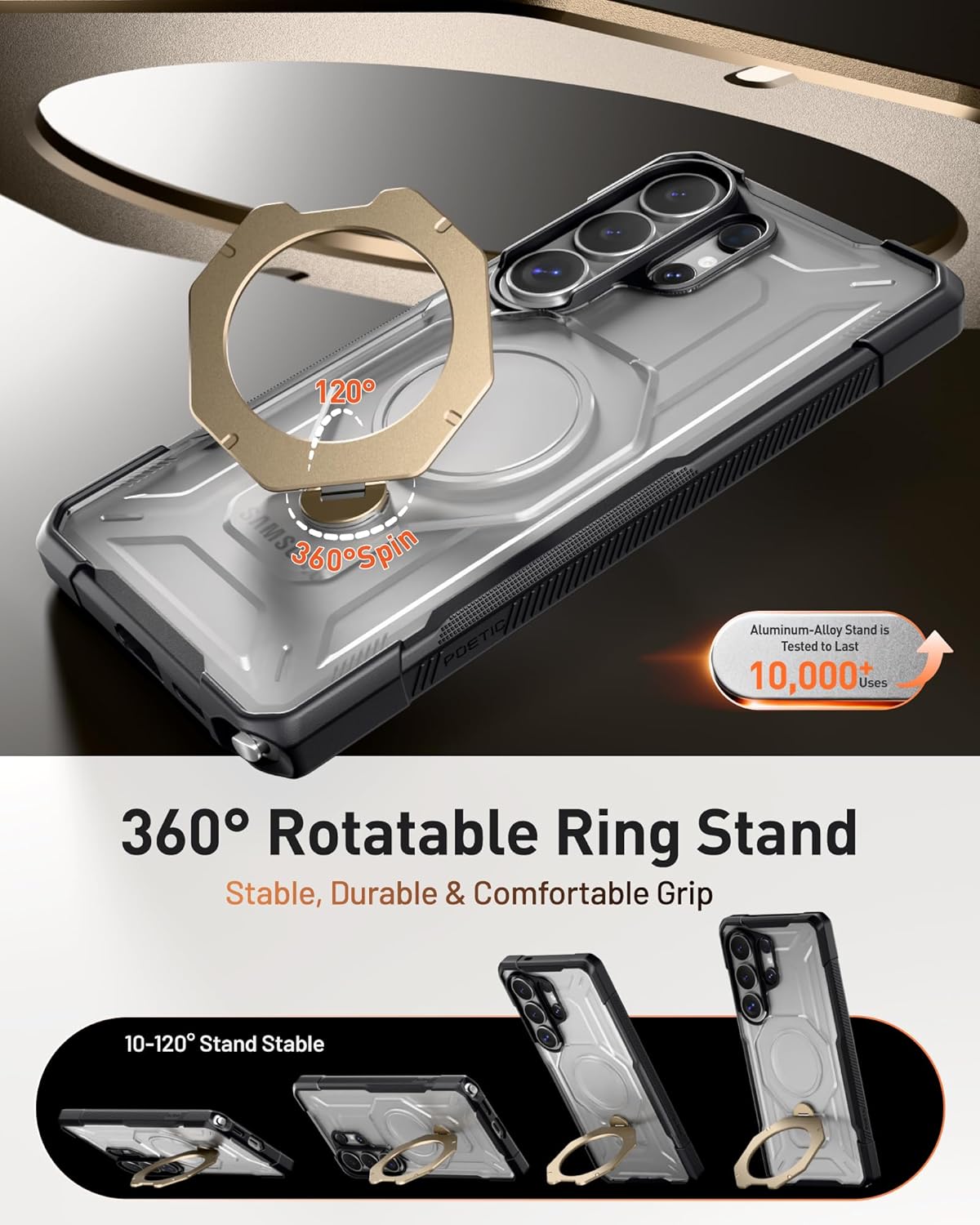 Poetic for Samsung Galaxy S26 Ultra Case | 360° Rotate Magnetic Ring Kickstand | Compatible with MagSafe | Military Grade Drop Proof Protection Cover | 2 Tempered Glass Screen Protector | Gold/Clear