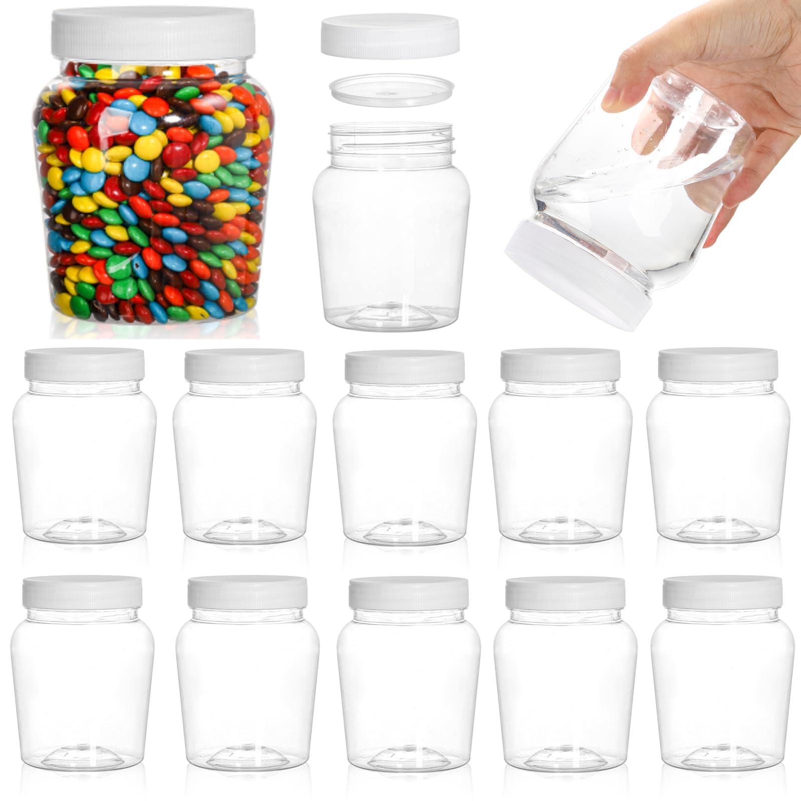 Goaste Paquete de 12 tarros redondos de plástico transparente, contenedor de almacenamiento vacío de 16 onzas, tarro de dulces recargable para el hogar con tapa hermética, cilindro pequeño de tapas de