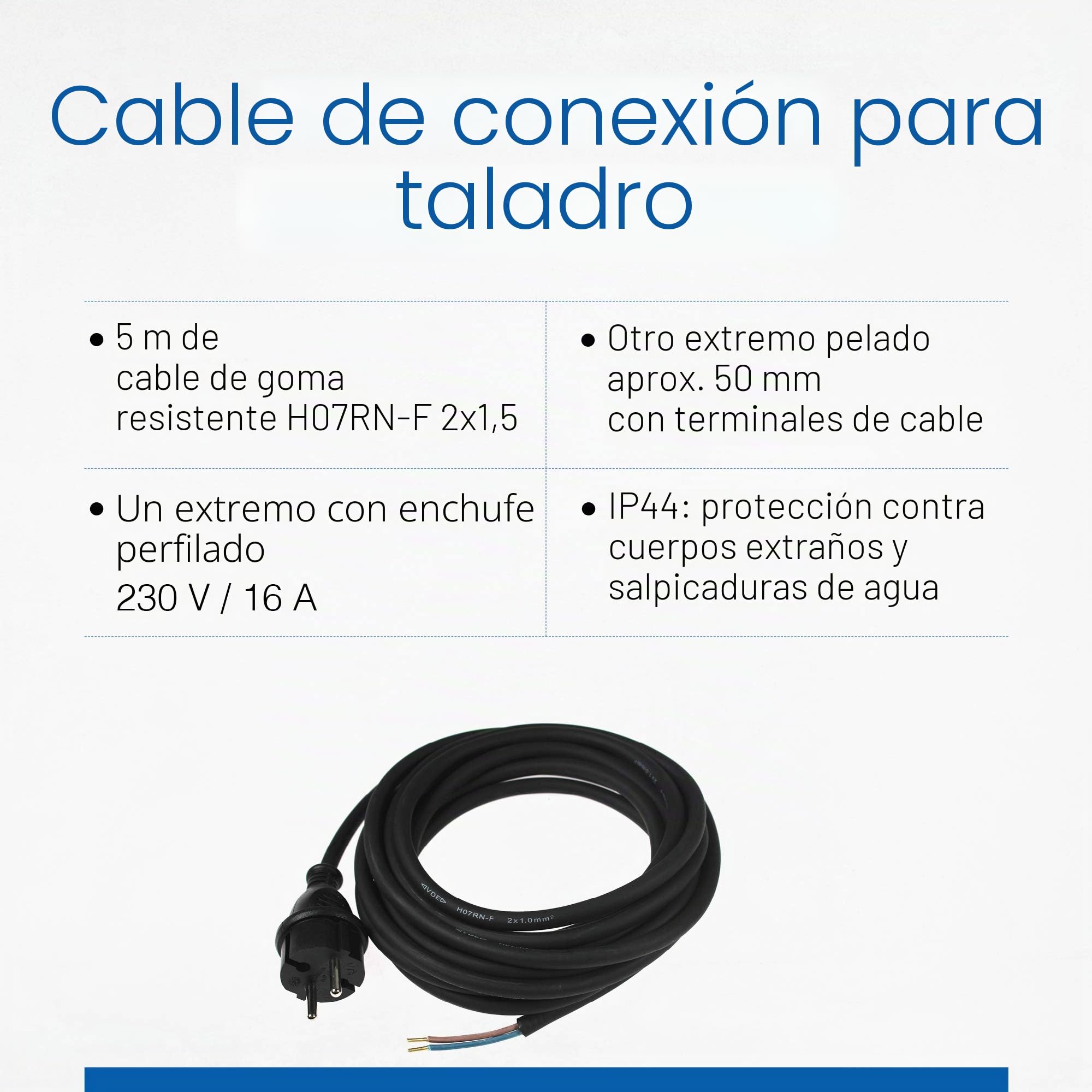 as - Schwabe cable de conexión goma 5 m H07RN-F 2x1,5 - enchufe europeo tipo CEE 7/17 sin tierra - 230 V / 16 A - extremo de cable pelado de 50 mm - IP44 resistente polvo y salpicaduras - negro, 70558