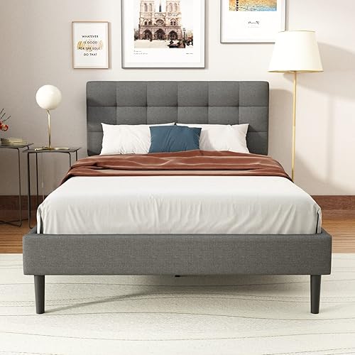 Miniatura 1 de UNIZONE Base de cama tapizada de tamaño matrimonial con cabecera capitoné, cama de plataforma con cabecera de tela de lino, soporte de listones de