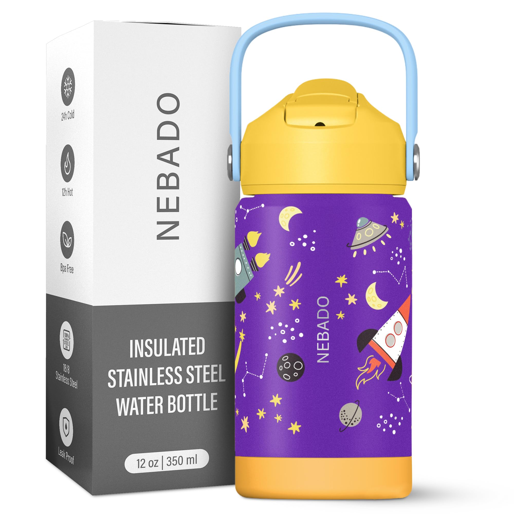 Kids Stainless Steel Insulated Water Bottle with Straw 12oz - Leak Proof Toddler Thermos Cup for School, BPA Free with Handle & Non-Slip Silicone Base, Dishwasher Safe, Cosmic Purple