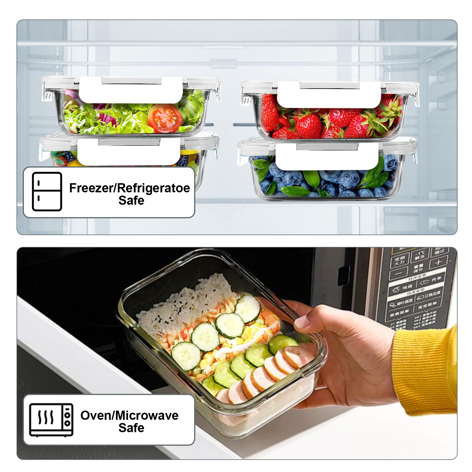 VERONES - Paquete de 10 recipientes de vidrio para preparación de comidas de 22 onzas, juego de recipientes de vidrio herméticos para almuerzo, recipientes de almacenamiento de alimentos con tapas