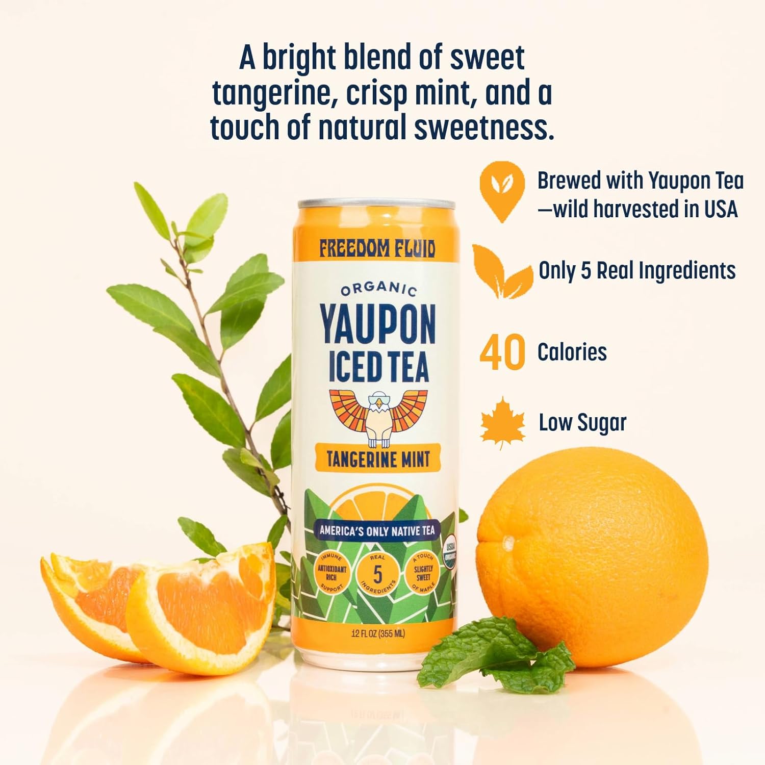 Freedom Fluid Organic Yaupon Iced Tea – Tangerine Mint | Herbal Tea Drink | Lightly Sweetened, Low Sugar, Low Calories, Real Brewed Tea, Clean Ingredients, Antioxidant Rich, Natural Caffeine, 12 Pack (12 oz cans)