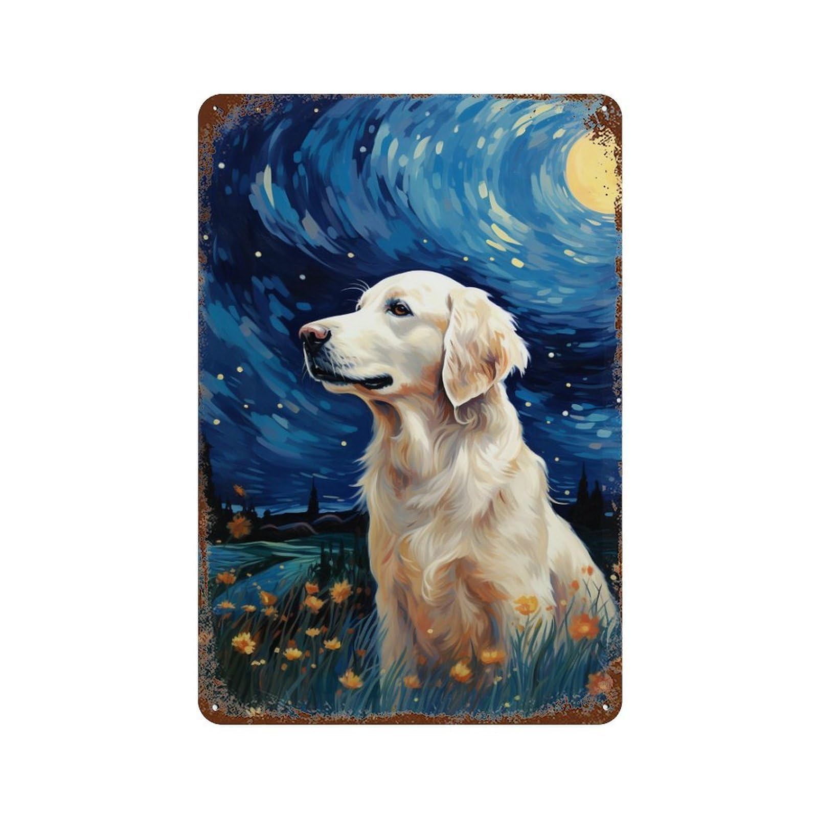 Rust Effect Tin Sign Starry Night Golden Retriever 11.8"x7.9", Industrial Home Decor for Garage, Bar And Workshop Decor