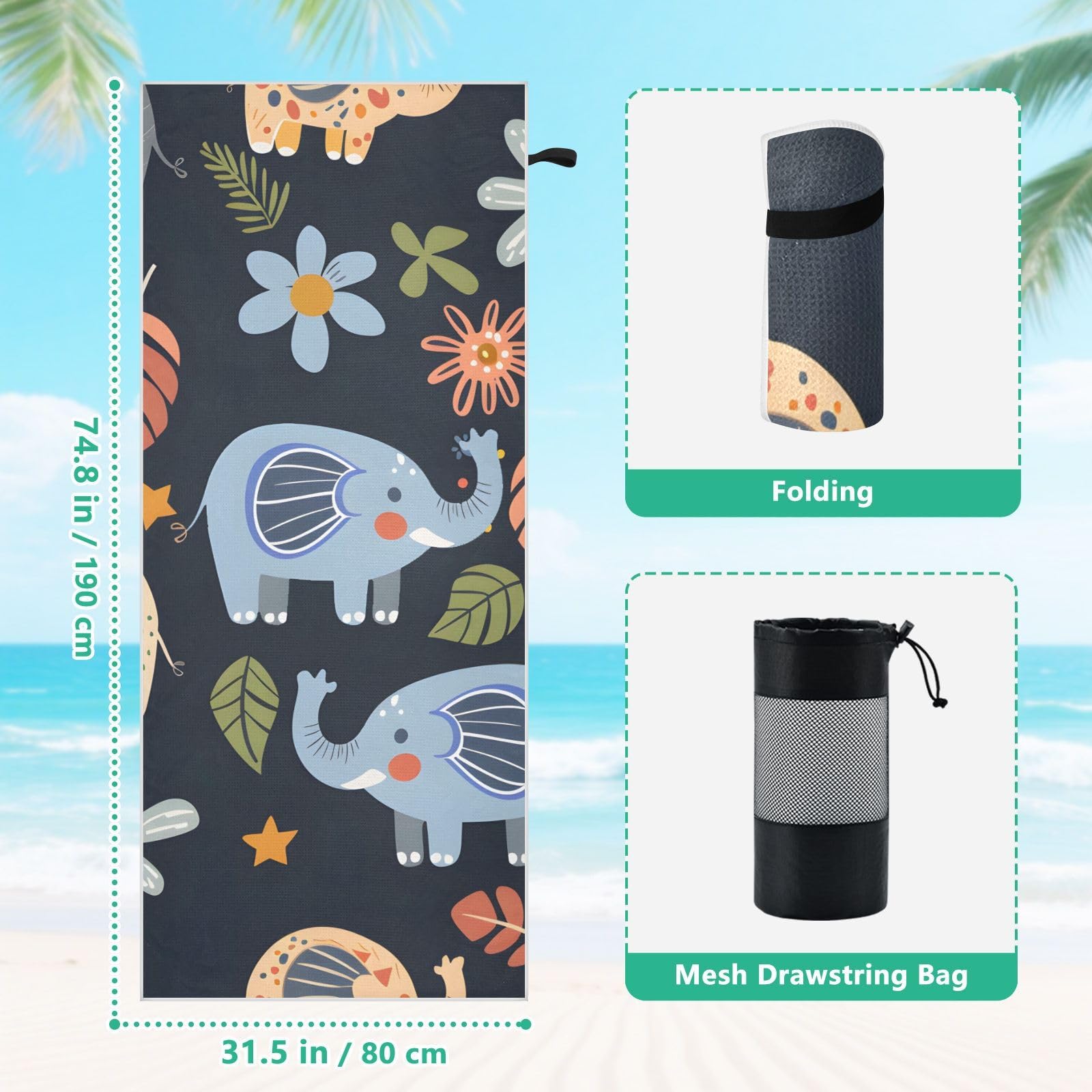Grandes serviettes de plage avec sacs en maille pour adultes, petit éléphant et étoiles, serviette de bain avec fermeture magnétique, anti-sable, absorbante à séchage rapide, pour piscine