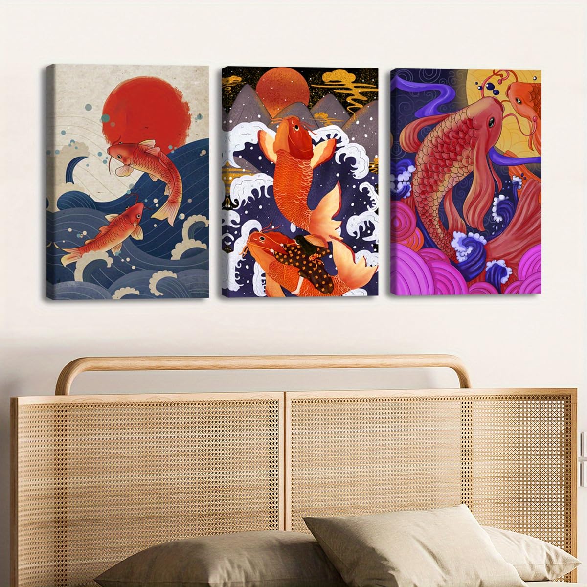 Cuadro decorativo de pared japonés con diseño de olas y peces koi (3 piezas), ideal para sala de estar o dormitorio (70x90cm x 3/Sin marco).