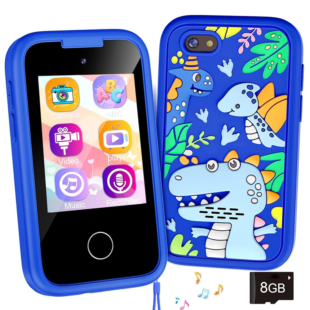 Kids Phone Birthday Gifts Toy for 3 4 5 6 7 8 9 10 Year Old Girls Boy,Toddler Kid Smart Phone with Dinosaur Silicone Cover Educational Games,Music Player,Toys for Girls Boys Age 3-8(Blue)