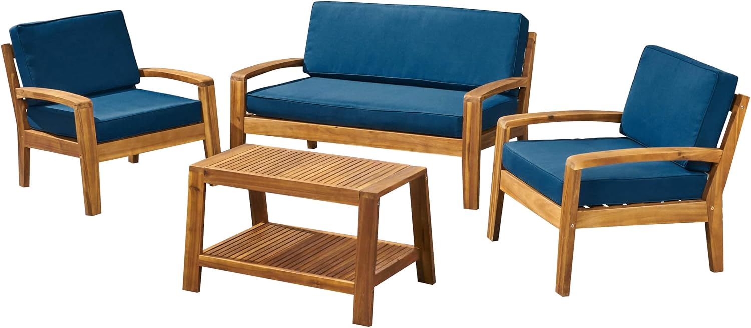 Great Deal Furniture GDFStudio Patio Conversation Set with Coffee Table, 4-Seater, Acacia Wood, Teak Finish with Teal Outdoor Cushions