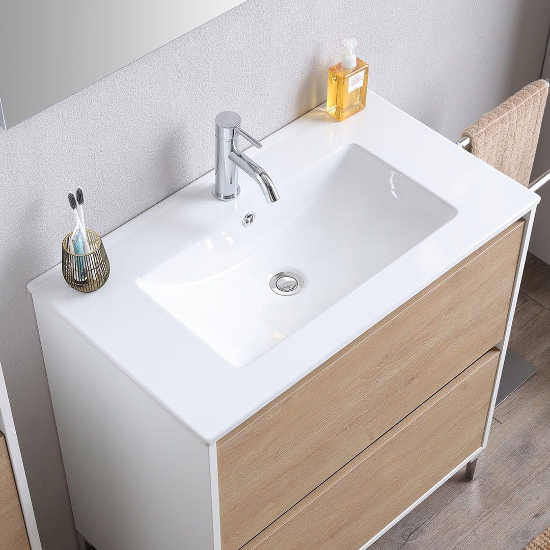 Kiamami Valentina - Mobile Bagno A Terra Da 80Cm Bianco Con Lavabo E Cassetti Rovere | Laguna