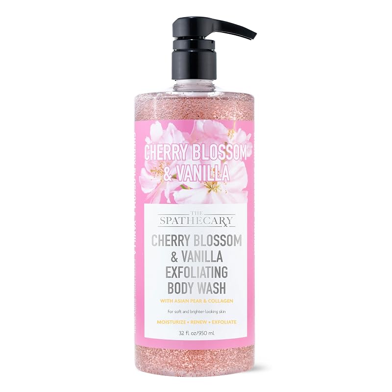 THE SPATHECARY Sabonete líquido corporal esfoliante de cereja e baunilha com coco, pera asiática e colágeno, 946 mL