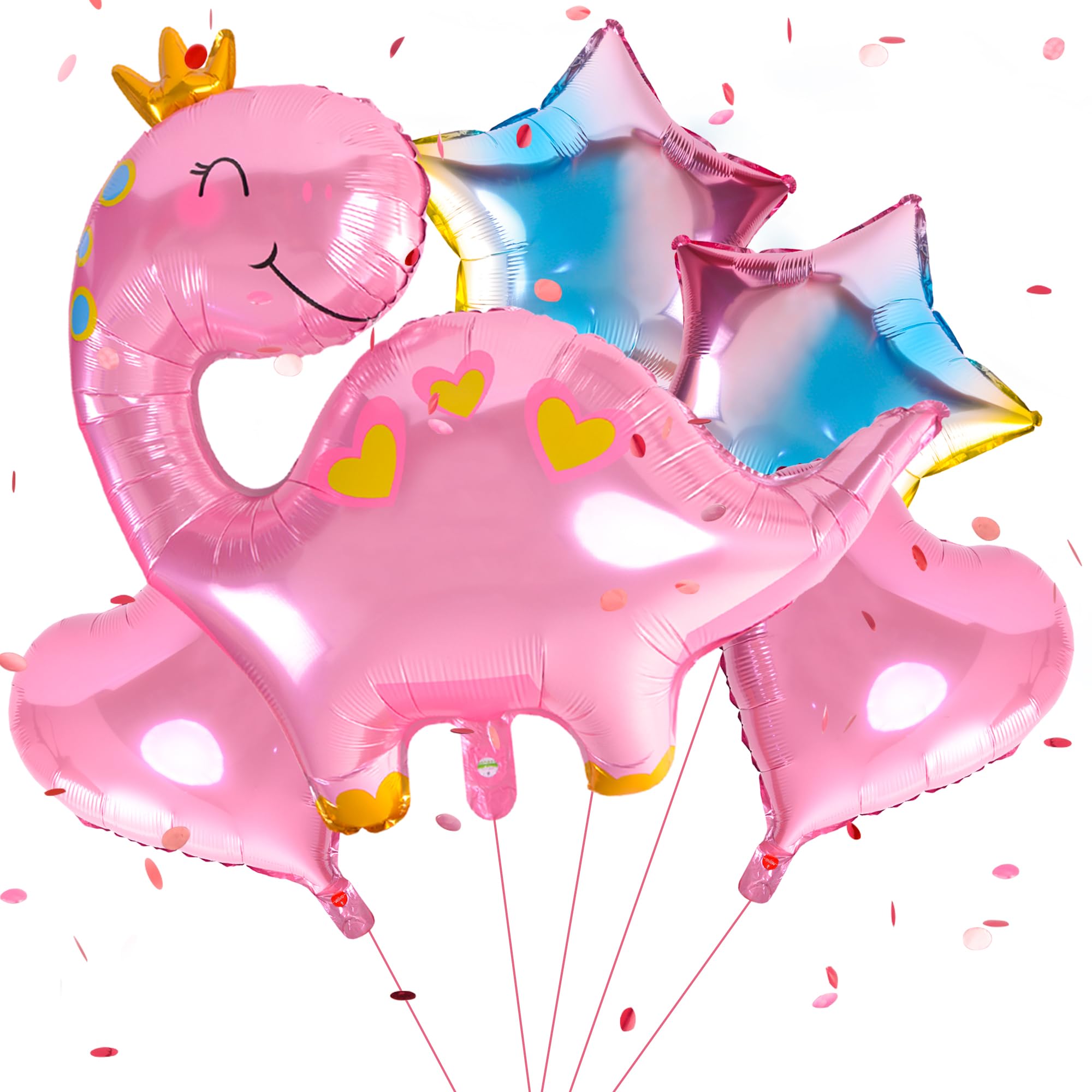 Dinosaur Birthday Decorations for Girls, 5pcs Pink Crown Dinosaur Balloons Set with Star Balloons, Foil Heart Balloons, Pink Crown Dinosaur Balloon