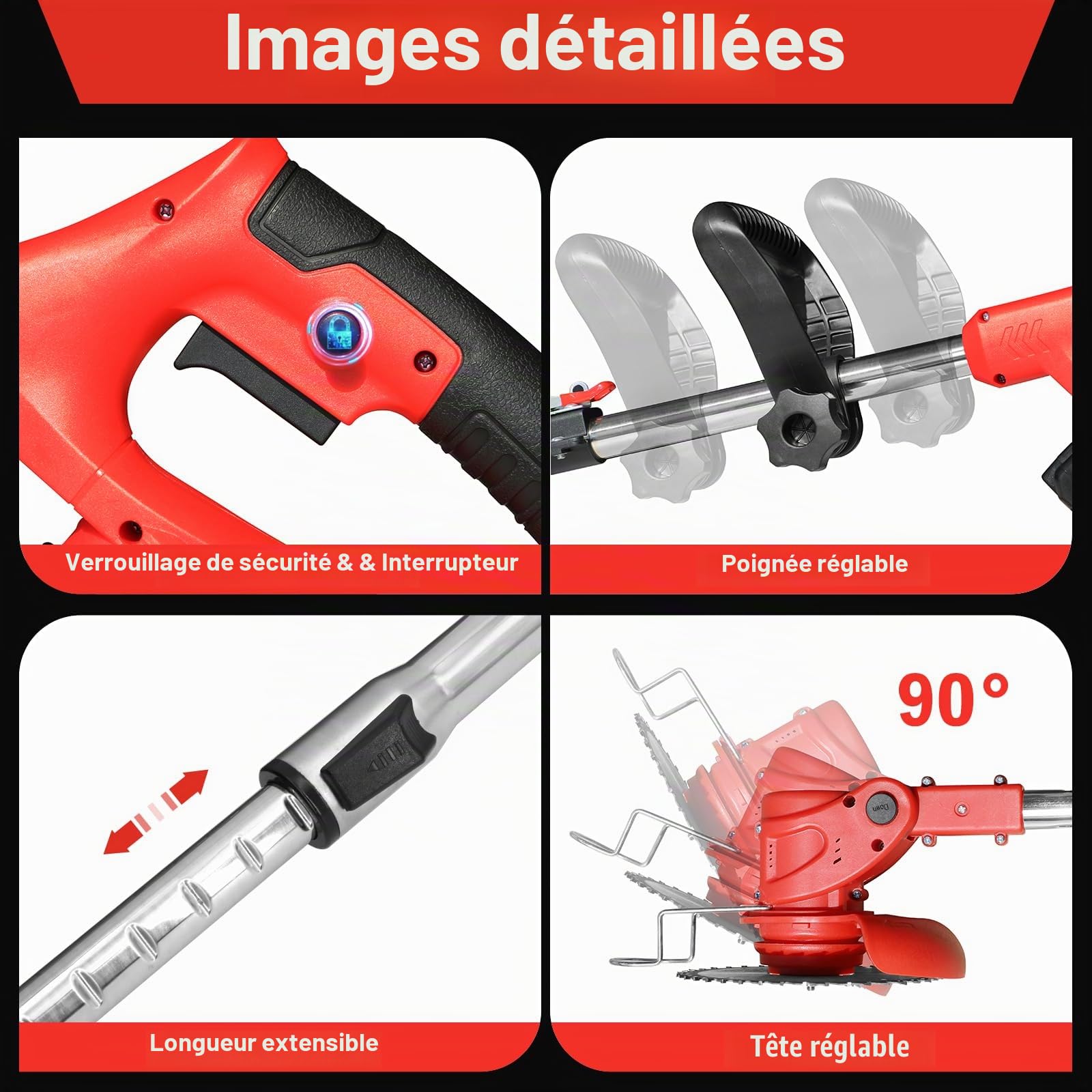 Débroussailleuse 21V sans Fil 2 Batteries 3 Lames avec Roues