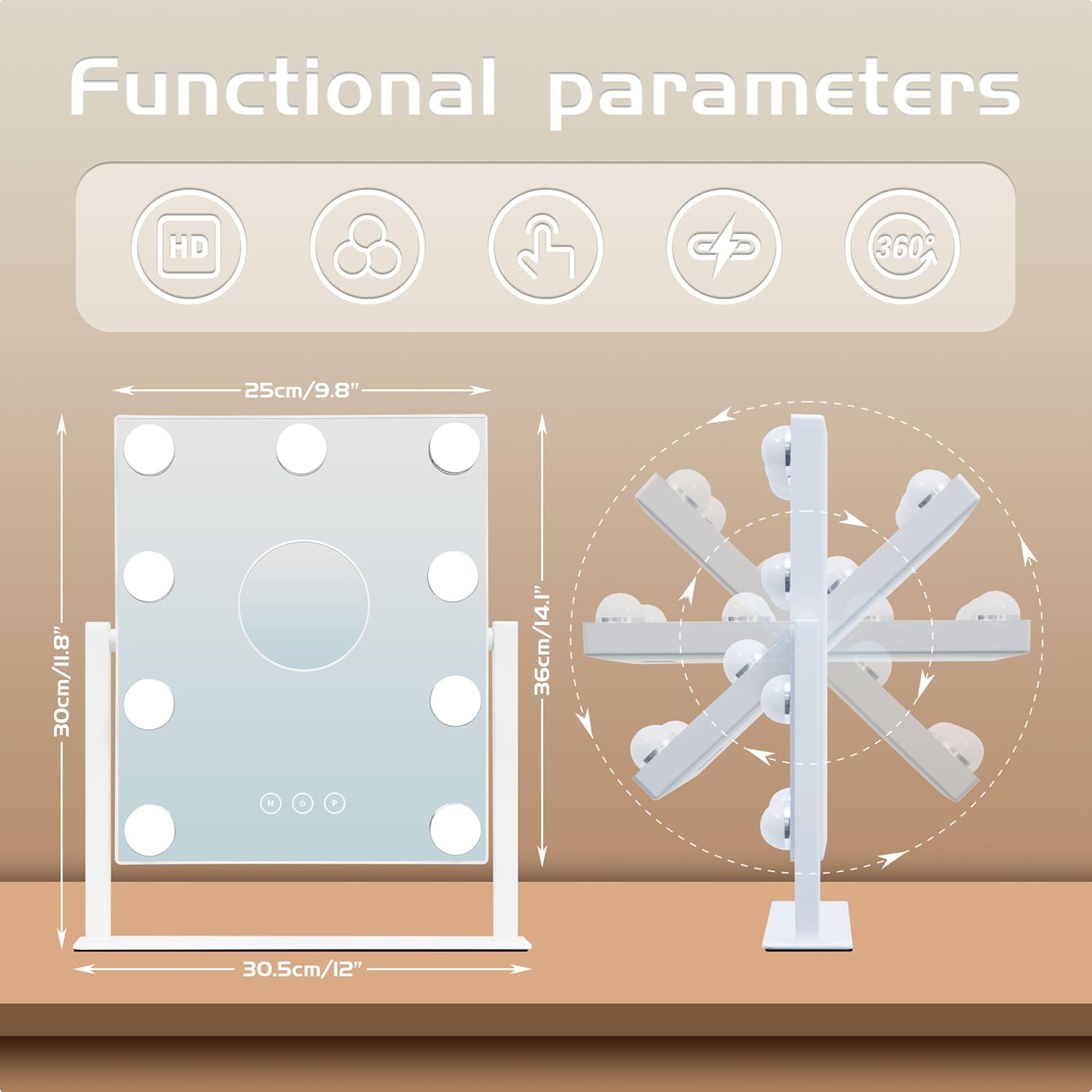 Image showing the detachable 10x magnifying mirror and close-up examples of its use for makeup application.
